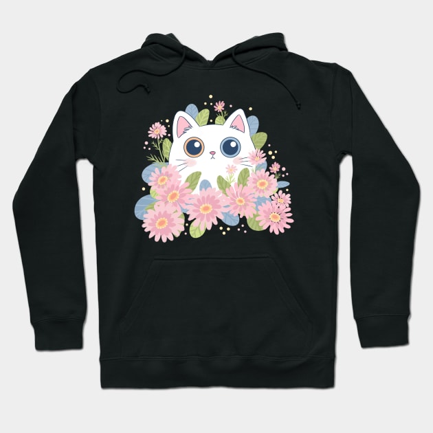 Cute white cat surrounded by pink flowers art Hoodie by YaraGold